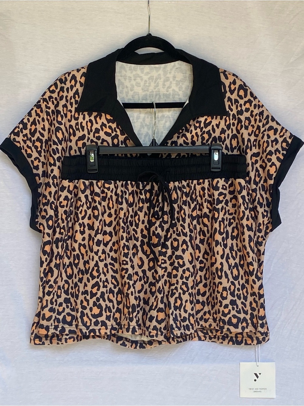 YOUSIFY Two Piece Set Shorts Top Leopard Print Yellow Mobwife Boho Size XXL